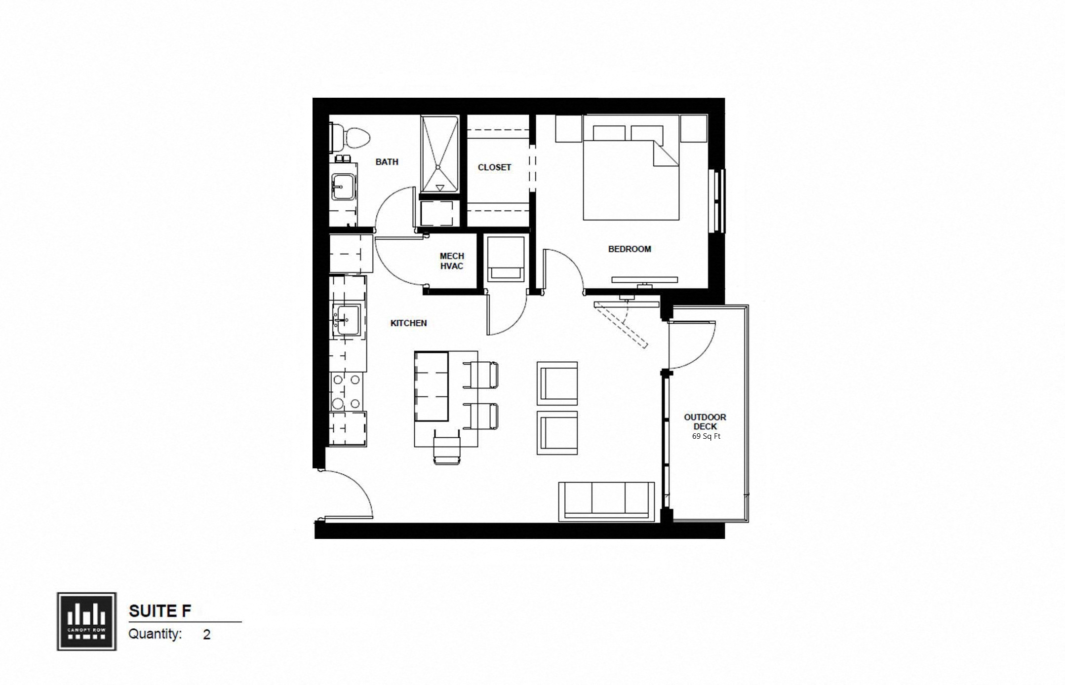 Floor plan for 1 bed, 1 bath, 642 sqft